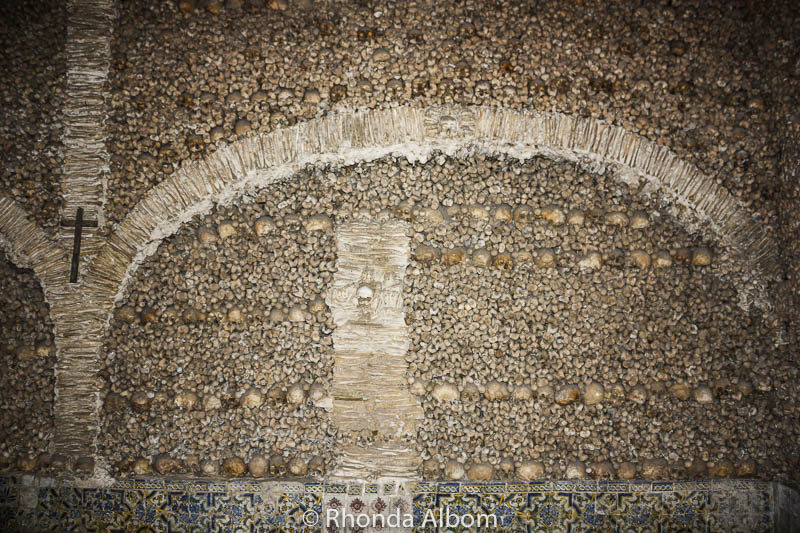 A wall of bones in the Ossuary in Evora, Portugal