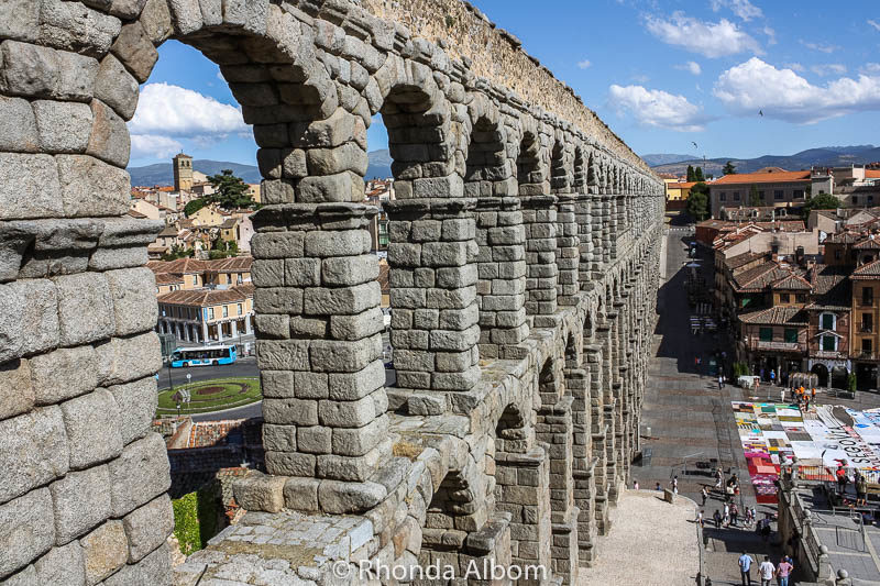 A view from an upper viewing area next to the famous Roman aqueduct in Segovia Spain