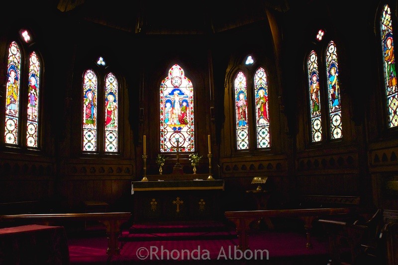 Stained glass windows inside Old St Paul Cathedral in Wellington New Zealand