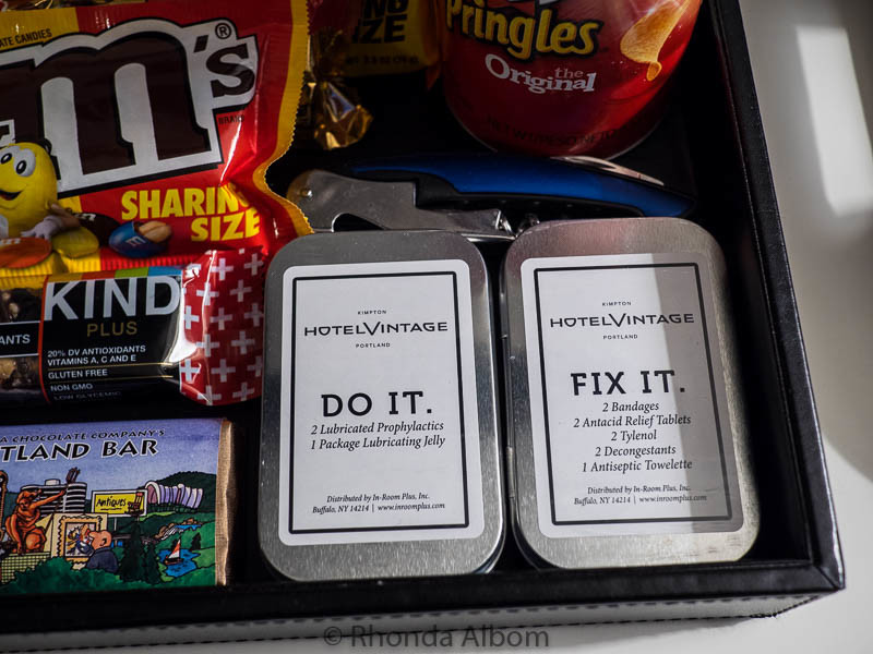 Amusing items in the mini bar at Hotel Vintage in Portland