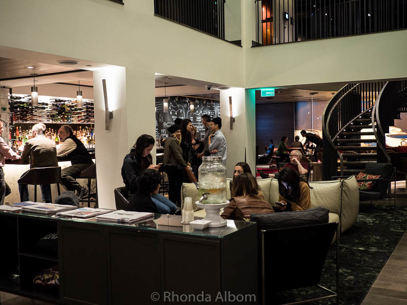 The busy Bacchus Bar located in the lobby of Hotel Vintage in Portland Oregon
