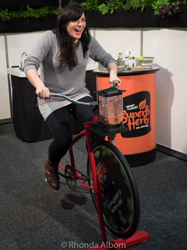 A bicycle powered blender at the Auckland Food Show 2017