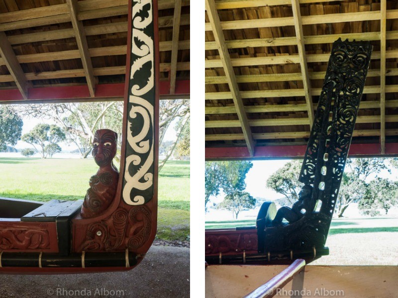 Stern post carving of Maori waka at Waitangi Treaty Grounds in New Zealand