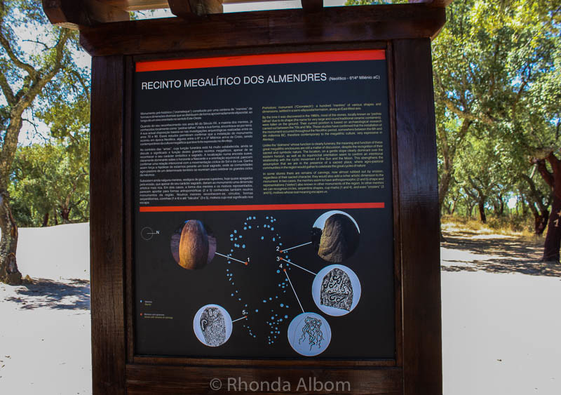 Information sign at Almendres Cromlech is in English and Portuguese in Evora Portugal