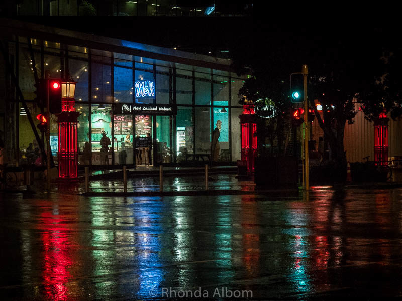 City lights on a busy corner in Auckland New Zealand