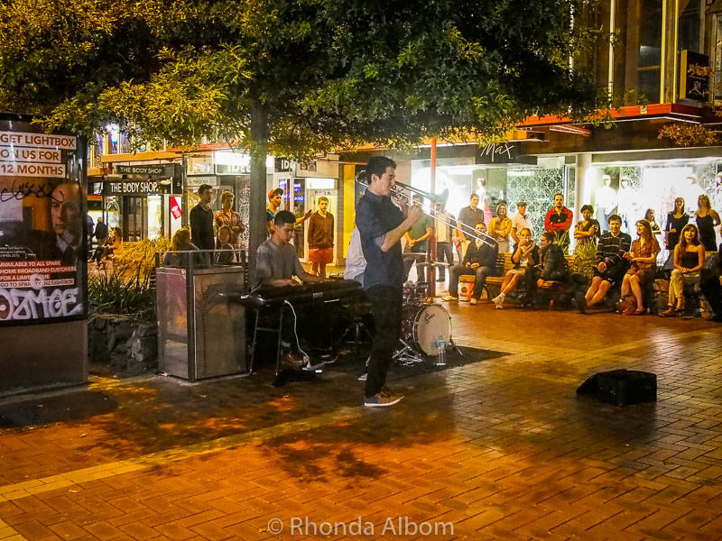 Street performers on Cuba Street at night in Wellington New Zealand