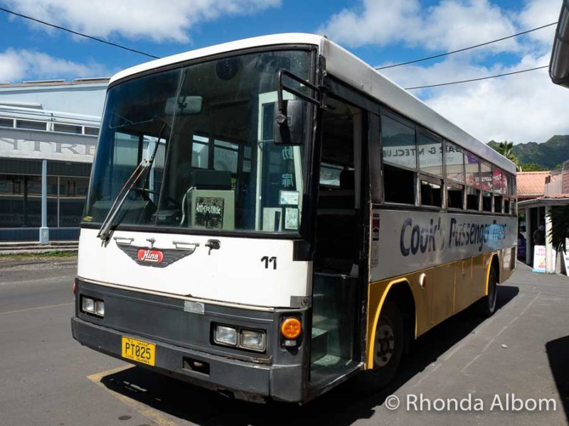 A public Rarotonga bus at the main stop in Avarua.