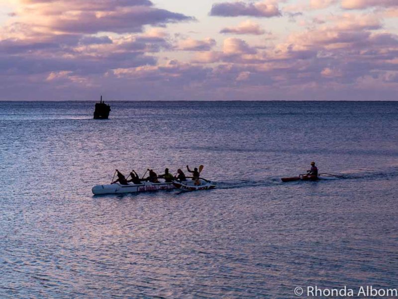 Outrigger canoes seen from Trader Jacks, Rarotonga, Cook Islands