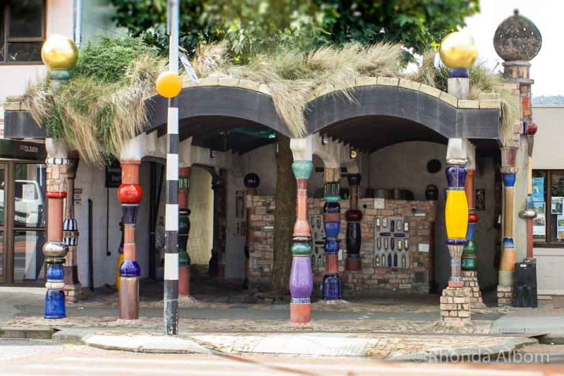 Hundertwasser Toilets seen from the street in Kawakawa New Zealndd