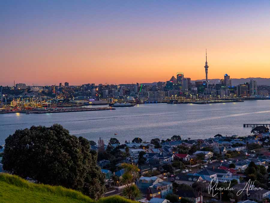 Auckland at sunset seen from Mount Victoria Devonport in New Zealand