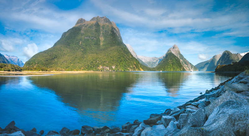 Morning at Freshwater Basin in Milford Sound with Mitre Peak and numerous other Mountain Cliffs in Fiordland National Park, New Zealand, South Island.