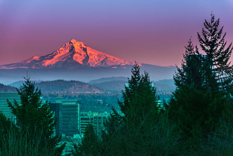 Mt Hood at Sunset viewed from the Portland City Center
