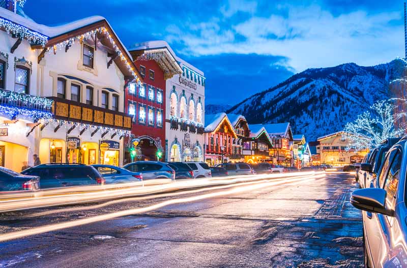 Beautiful street view of Leavenworth Washington with lighting decoration in winter.