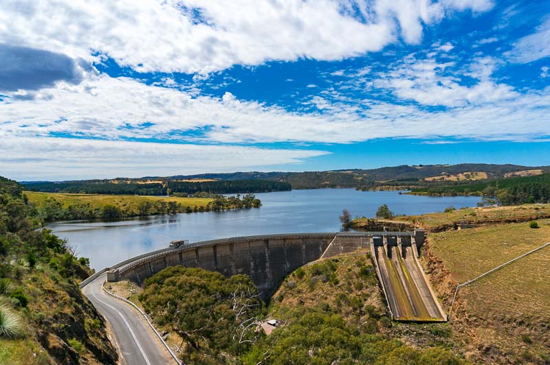 Aerial view of Myponga Reservoir and dam