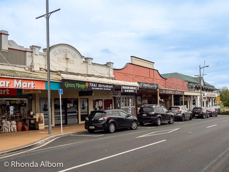 Classic strip of shops along a road in a small town in New Zealand