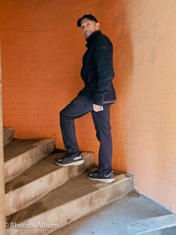 Jeff climbing stairs up memorial tower at Durie Hill