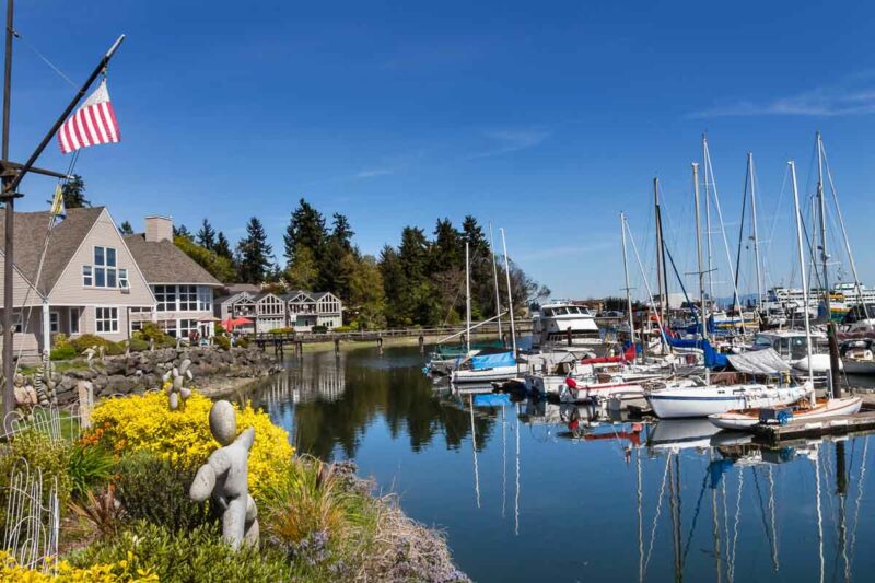 Charming Bainbridge Island port and harbor, one of the best day trips from Seattle.